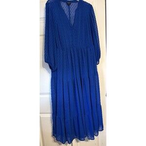 Torrid Maxi Chiffon Clip Dot Pleated Dress Blue 3/4 Sleeve V Neck Womens sz 2X